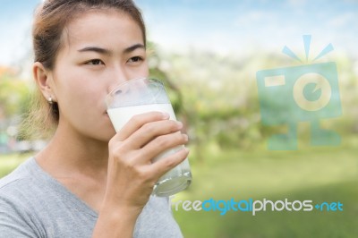 Women Drinking Milk Healthy Lifestyle Outdoor Stock Photo