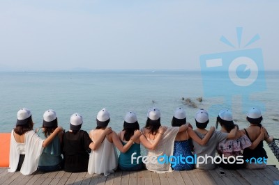 Women Friends Sit Hug Together Blue Sea Sky Stock Photo