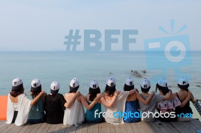 Women Friends Sit Hug Together Look #bff Sea Sky Stock Photo