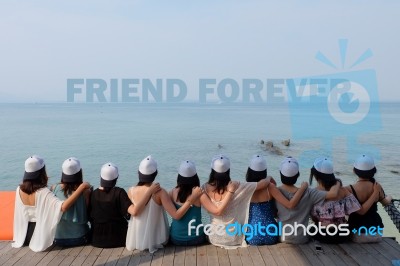 Women Friends Sit Hug Together Look Friend Forever Blue Sea Sky Stock Photo