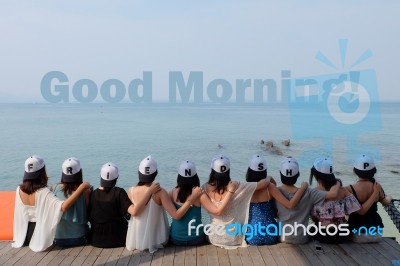 Women Friends Sit Hug Together Look Good Morning! Blue Sea Sky Stock Photo