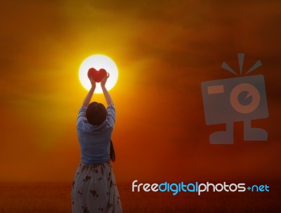 Women Gently Hold Red Heart To The Sun Stock Photo