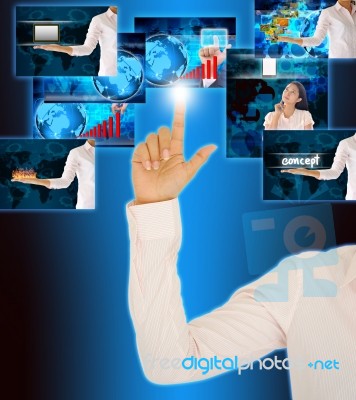 Women Hand Pushing Button Streaming Multimedia From Internet Stock Photo