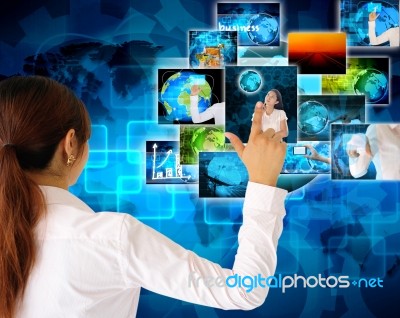 Women Hand Pushing Button Streaming Multimedia From Internet Stock Photo