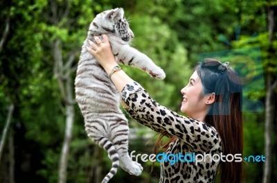 Women Hold Baby White Bengal Tiger Stock Photo