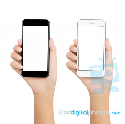 Women Hold Phone Showing Blank Screen Display On White Backgroun… Stock Photo