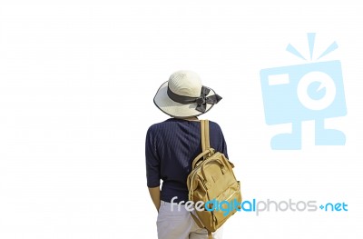 Women Shoulder Backpack And Wear A Hat On A White Background Stock Photo