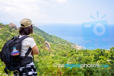 Women Tourist On Viewpoint At Koh Tao Stock Photo