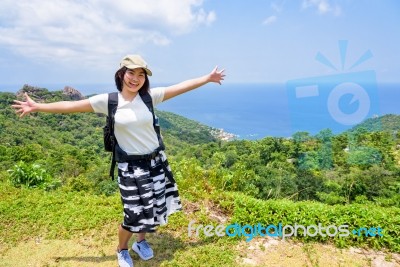 Women Tourist On Viewpoint At Koh Tao Stock Photo