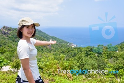 Women Tourist On Viewpoint At Koh Tao Stock Photo