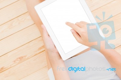 Women Using Tablet White Screen Stock Photo