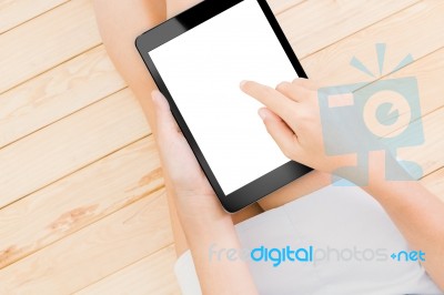 Women Using Tablet White Screen With Clipping Path Stock Photo