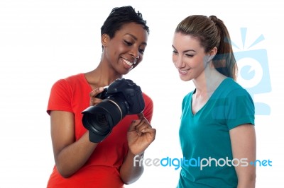 Women Viewing Pictures In The Camera Stock Photo