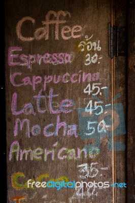 Wood Board Coffee Menu Stock Photo