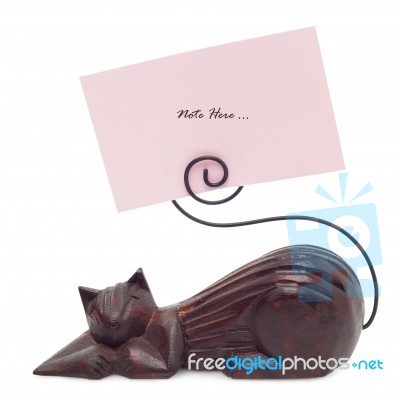 Wood Cat Ornament With Pink Note Paper Isolated On White Stock Photo