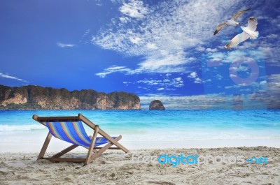 Wood Chairs Beach At Sea Side With Beautiful Sea Gull Birds Flyi… Stock Photo