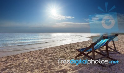 Wood Chairs Beach At Sea Side With Beautiful Sun Light On Clear Stock Photo