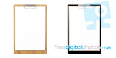 Wood Clipboard And Black Clipboard With Blank Papers With Copy Space For Mock Up Isolated On White Background, 3d Rendering Stock Image