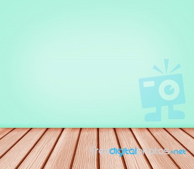 Wood Floor And Blue Green Wall Background Stock Photo