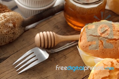 Wood Honey Fork Still Life Soft Cheese Cake Closeup Stock Photo