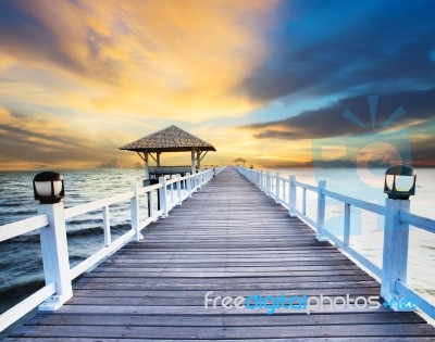 Wood Pier And Pavillian On Sea Beach Stock Photo