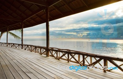 Wood Terrace In Wooden Pavillion Against Peaceful Of Heaven Sea Stock Photo