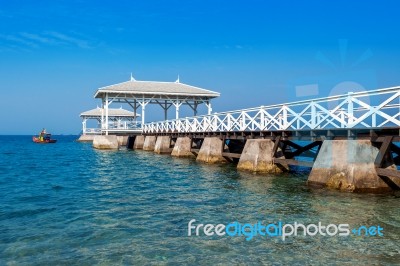 Wood Waterfront Pavilion In Koh Si Chang Island, Thailand. Asdang Bridge Stock Photo