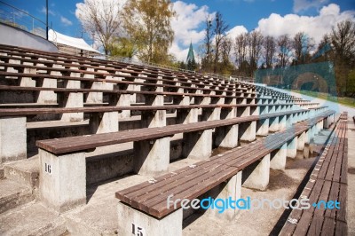 Wooden Benches In The City Park Stock Photo