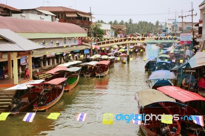 Wooden Boats Busy Ferrying People At Amphawa Floating Market Stock Photo