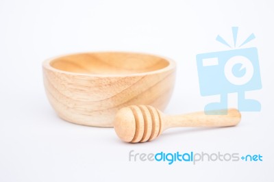 Wooden Bowl And Dipper On White Background Stock Photo