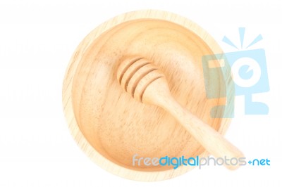 Wooden Bowl And Dipper On White Background Stock Photo