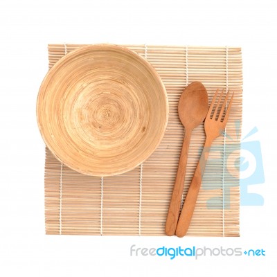 Wooden Bowl With Wooden Fork And Spoon Isolated On White Background Stock Photo