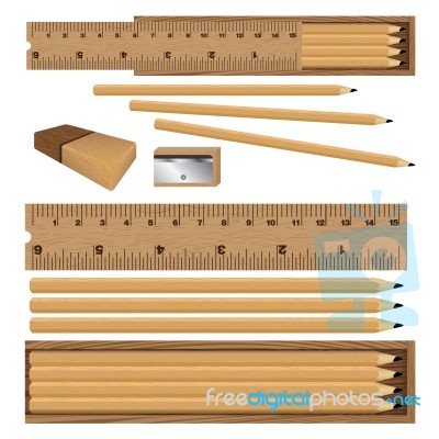 Wooden Box For Ruler And Pencil, Eraser With Sharpener On White Background. Drawing Box Set Stock Image