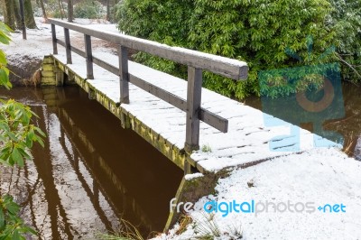 Wooden Bridge Covered With Snow In Winter Stock Photo