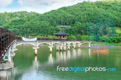 Wooden Bridge Or Wolyeonggyo Bridge In Andong,korea Stock Photo