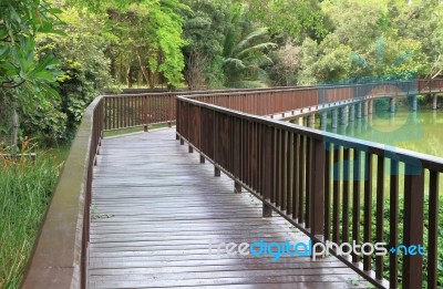 Wooden Bridge Over The Lake Through The Forest Stock Photo