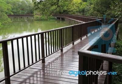 Wooden Bridge Over The Lake Through The Forest Stock Photo