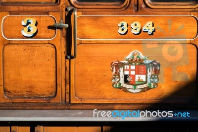 Wooden Carriage Of The Bluebell Steam Train At Sheffield Park St… Stock Photo