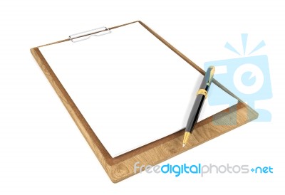 Wooden Clipboard With Blank Papers And Ballpoint Pen With Copy Space For Mock Up Isolated On White Background, 3d Rendering Stock Image