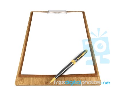 Wooden Clipboard With Blank Papers And Ballpoint Pen With Copy Space For Mock Up Isolated On White Background Stock Image