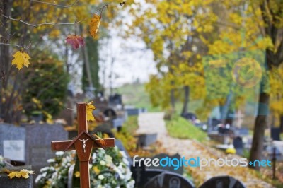 Wooden Cross On Christian Cemetery Stock Photo