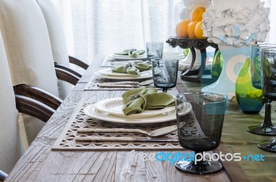 Wooden Dinning Table With Table Set Stock Photo