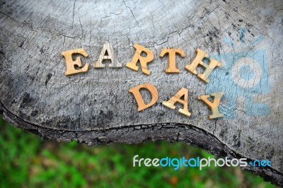 Wooden Earth Day Word On Wood Log Background. Save The Earth Idea Stock Photo