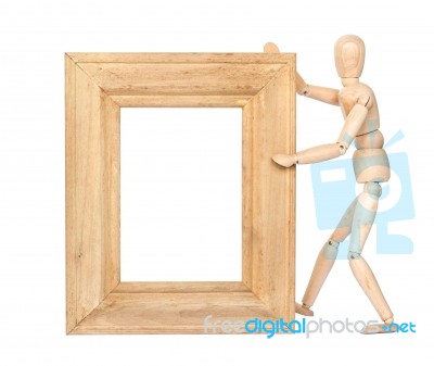 Wooden Figure Hold Blank Square Wooden Frame Stock Photo