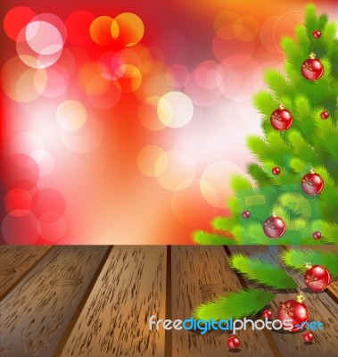 Wooden Floor With Christmas Tree On Red Bokeh Stock Image