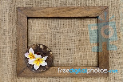 Wooden Frame Over Hessain Texture Stock Photo