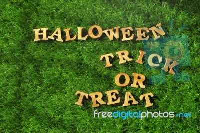 Wooden Halloween And Trick Or Treat Words On Grass Background Stock Photo