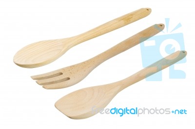 Wooden Kitchen Utensils Set, Isolated  White Background Stock Photo