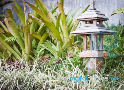 Wooden Lamp Decorated In Garden Stock Photo