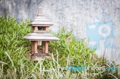 Wooden Lamp Decorated In Garden Stock Photo